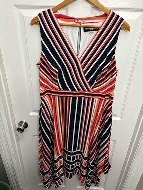 Karl Lagerfeld Old Money Black/Coral/Red/White Striped Sleeveless Midi Dress, 14